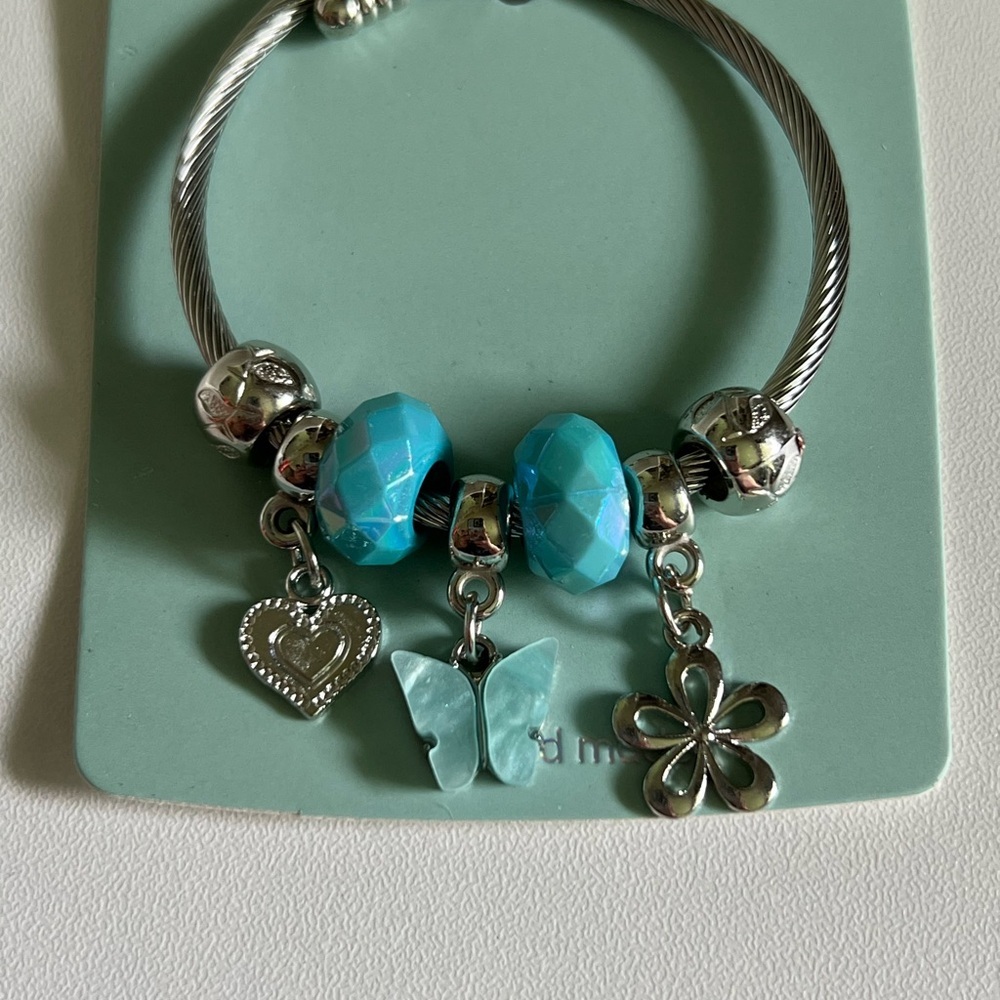 Mint Stainless Steel Silver Charm Bracelet with Turquoise Beads - Picture 3 of 3